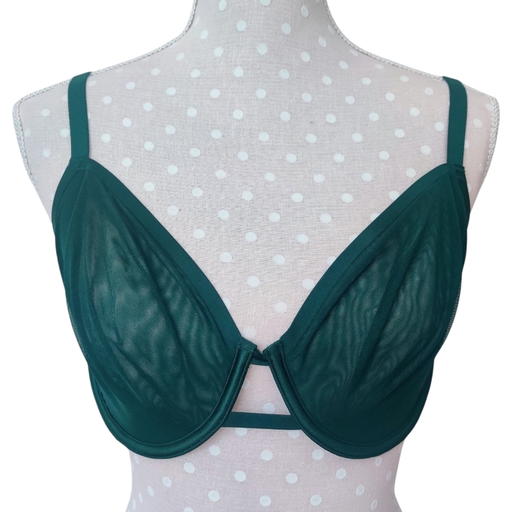 AUDEN Mesh Unlined Bra 36D Demi Coverage Underwire Dark Green NWT